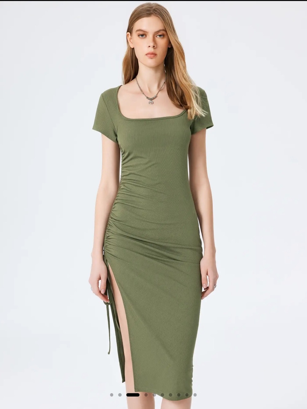 Cider Olive French Retro Romantic Earthy Square-Neck Ruched Side Midi Dress S